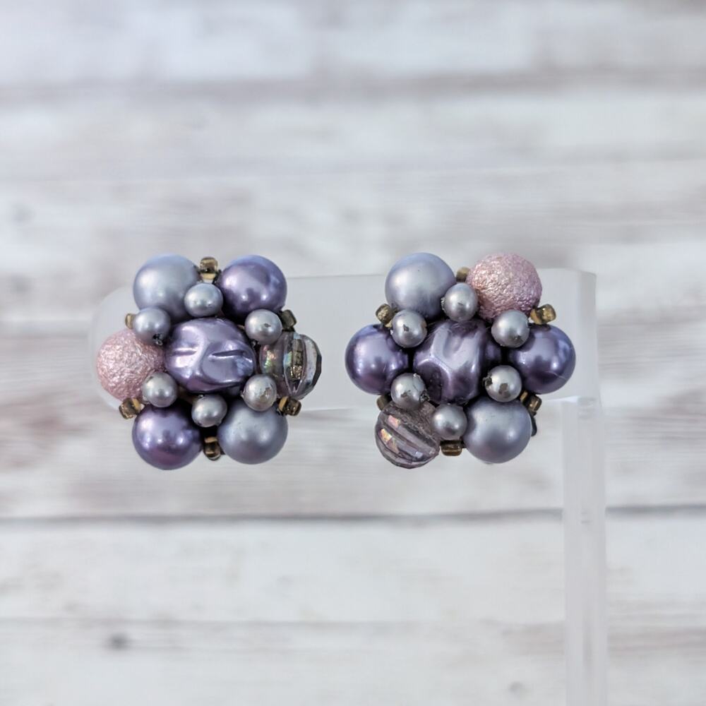 Vintage Clip On Earrings Pretty Purple Tones Large Cluster Statement